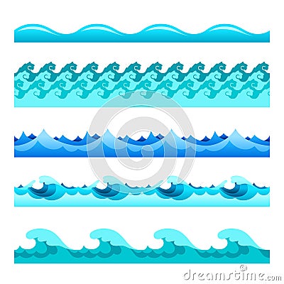 Seamless blue water wave vector bands set for footers, patterns and textures Vector Illustration