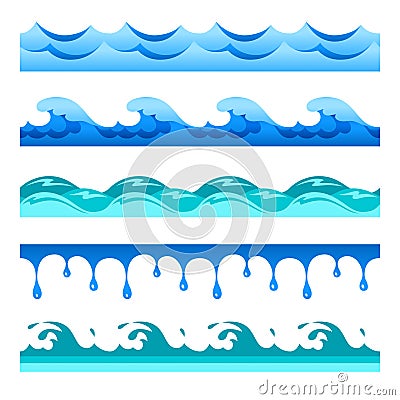 Seamless blue water wave vector bands set for footers, patterns and textures Vector Illustration