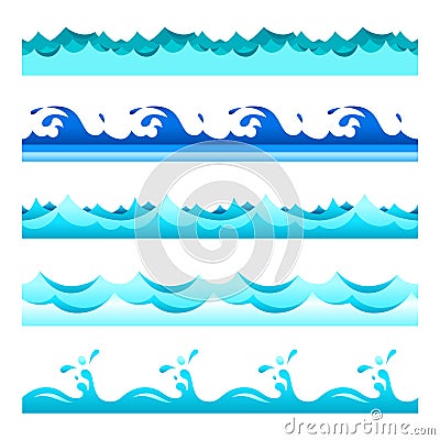 Seamless blue water wave vector bands set for footers, patterns and textures Vector Illustration