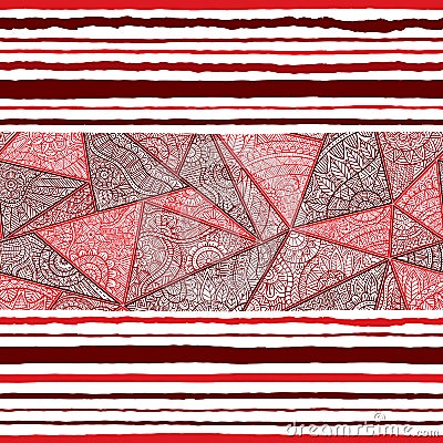 Seamless bohemian pattern. Striped print. Ethnic and tribal motifs. Zentangle, doodle, patchwork. Red and white colors. Vector Illustration