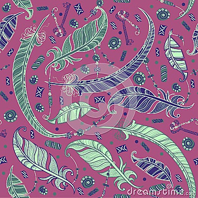 Seamless boho pattern with feathers. Vector Illustration
