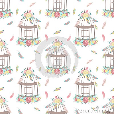 Seamless boho pattern. Vector image on national American motifs. Illustration of a birdcage with feathers and beads. For print, ba Stock Photo