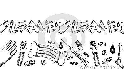 Seamless border with black medical equipment mask, disposable glove, syringe, pills, capsule, vaccine concept. HAnd drawn vector Vector Illustration