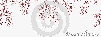 Seamless border with blossoming branches of cherry. Red silhouette of a cherry branch with flowers on a white background Vector Illustration