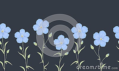 Seamless border with blue flowers and green leaves on a navy background Vector Illustration