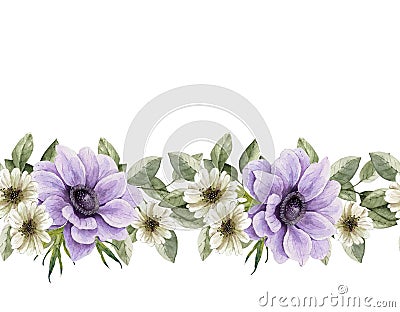 Seamless border of bouquets of flowers, white and purple flowers Cartoon Illustration