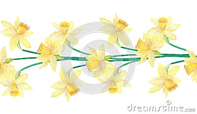 Seamless border or brush with spring flowers and leaves. Narcissus or daffodils. Hand drawn watercolor illustration Stock Photo