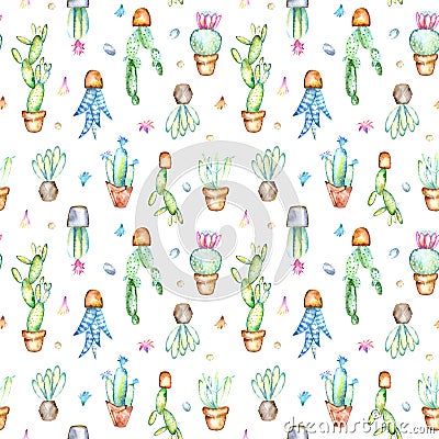 Seamless border of a cactus, sikkulent in flowerpot.Seamless pattern of a cactus, sikkulent and floral. Cartoon Illustration