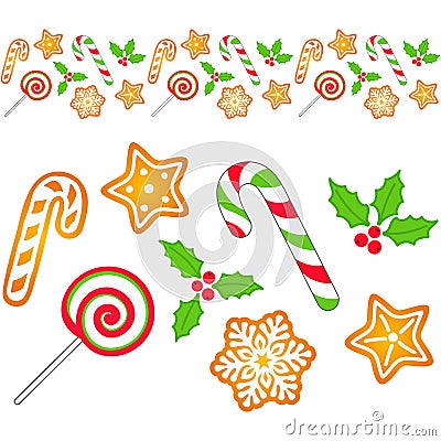 Seamless horizontal border with Christmas sweets, gingerbread and mistletoe Vector Illustration