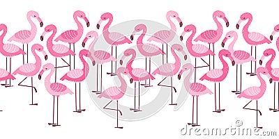 Seamless border with cartoon pink flamingos Vector Illustration