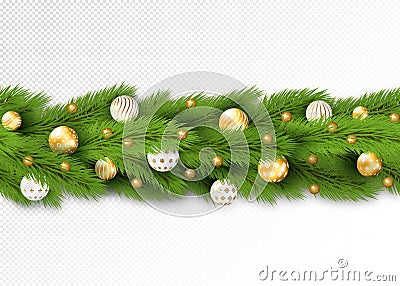 Seamless border with Christmas tree branches, snow and holiday decoration whute and golden balls and beads. Vector Vector Illustration