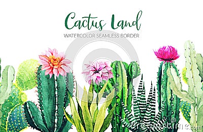 Seamless border composed of watercolor cactus plants Cartoon Illustration