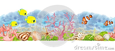 Seamless border with corals, shells and tropical fish. Stock Photo