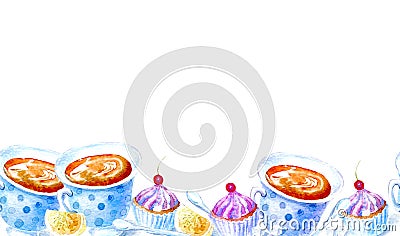 Seamless border a cup of tea,lemon, cake and spoon. Cartoon Illustration