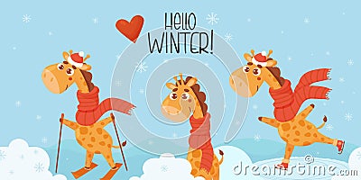 Seamless border with cute winter giraffes skating and skiing on blue background with snowflakes and inscription Hello Vector Illustration