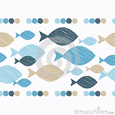 Seamless border with decorative fish. Strokes texture. Stock Photo