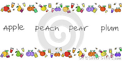 Seamless border with doodle drawing of fruits, juice and jam cans. Juicy vector illustration in 2 colorful sets for summer mood Vector Illustration