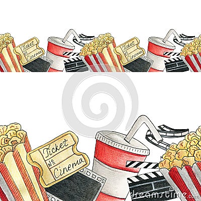 Seamless border with equipment and food for open air cinema. Concept of movie and cartoon watching. Watercolor hand drawn Cartoon Illustration