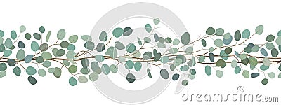 Seamless border of a eucalyptus branches. Floral frame. Vector hand drawn illustration. White background. Vector Illustration