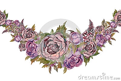 Seamless border is a garland of flowers. Roses peonies lilacs. Watercolor. Stock Photo