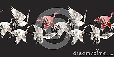 Seamless border with Japanese white crane in batik style. Vector illustration. Vector Illustration