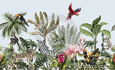 Seamless border with jungle animals, flowers and trees. Vector. Vector Illustration