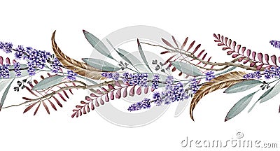 Seamless border with lavender and eucalyptus watercolor illustration. Natural organic herbs mixed in elegant ornament. Cartoon Illustration