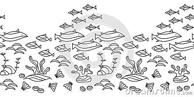 Seamless border Marine vector motif . Underwater Monochrome Aquariums vector background Vector Illustration