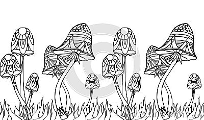 Seamless border with mushrooms with boho pattern. Vector Illustration