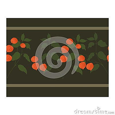 Seamless border, an ornament with bright orange physalis flowers, green leaves on the branches of the plant and a brown Vector Illustration