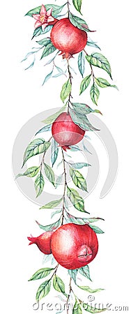 Seamless border pattern with watercolor pomegranates (garnets) Stock Photo