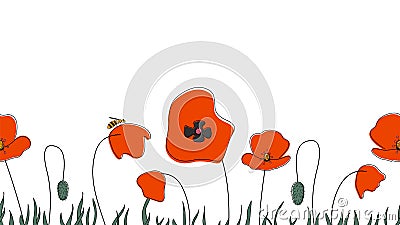 Seamless border of poppies hand drawn in simplified children cartoon naive style on white background.Cute bee sitting on flower. Vector Illustration