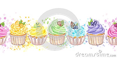 Seamless border rainbow multicolored cupcakes muffins, sweet whipped cream. Berries, citrus fruits, chocolate, leaf Cartoon Illustration