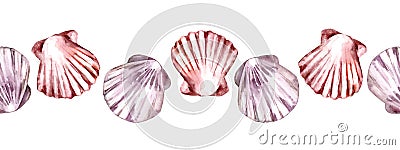 Seamless Border with Seashells. Hand drawn watercolor illustration Cartoon Illustration