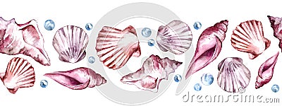 Seamless Border with Seashells. Hand drawn watercolor illustration Cartoon Illustration