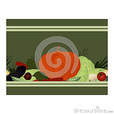 Seamless border with a set of vegetables from pumpkins, carrots, zucchini, radishes, eggplant, beets, peas, onions, tomatoes, Cartoon Illustration