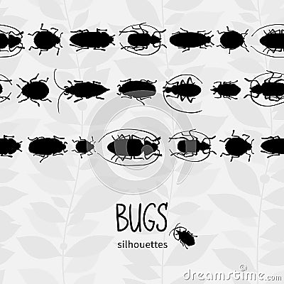 Seamless border with silhouette of bugs. Vector Illustration