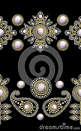 Seamless border from textile embroidered patches with sequins, beads and pearls. Vector illustration. Vector Illustration