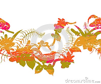 Seamless border with tropical birds, chameleon, plants and flowers. Colorful grunge silhouettes with splashes in watercolor style. Vector Illustration