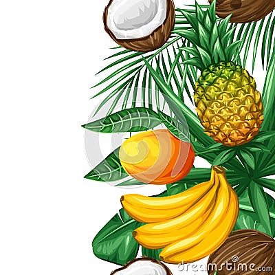 Seamless border with tropical fruits and leaves. Background made without clipping mask. Easy to use for backdrop Vector Illustration