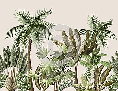 Seamless border with tropical tree such as palm, banana. Vector. Vector Illustration