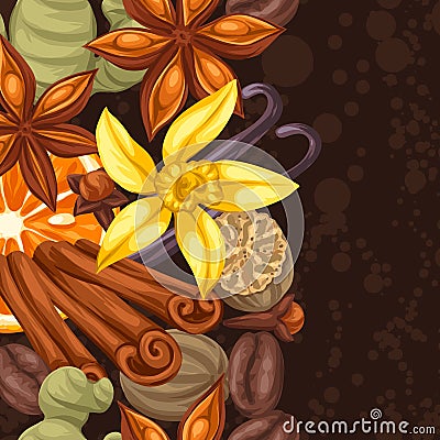 Seamless border with various spices. Illustration of anise, cloves, vanilla, ginger and cinnamon Vector Illustration