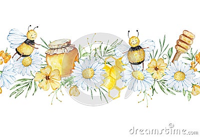 Seamless border with watercolor daisies, leaves, honey and bees Stock Photo
