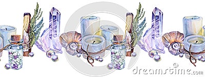 Seamless border watercolor meditation composition shell, palo santo bandaged with herbs, crystal, bottle, pearl. Keep Stock Photo