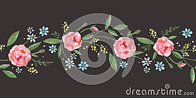 Seamless border with watercolor roses, leaves, branches and small blue flowers Cartoon Illustration