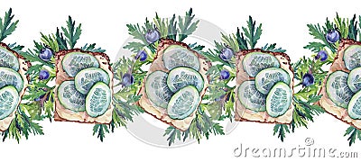 Seamless border watercolor sandwich with cucumber and cheese on bread, green leaves, berries blueberry on white Stock Photo