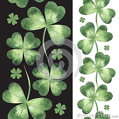 Seamless borders made of watercolor vector clover leaves Vector Illustration