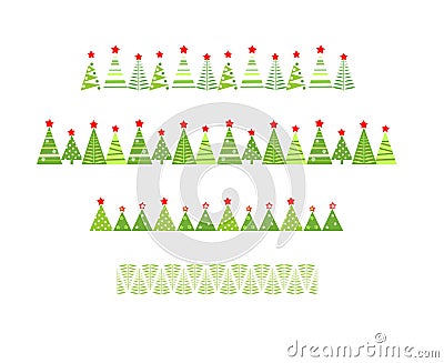 Seamless borders set for Christmas greeting design with cut out paper abstract firs. Flat design Vector Illustration