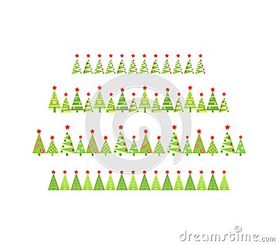 Seamless borders set with cut out paper abstract firs for Christmas greeting design. Flat design Vector Illustration