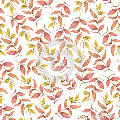 Seamless botanic pink yellow pattern. Digital illustration. Cartoon Illustration